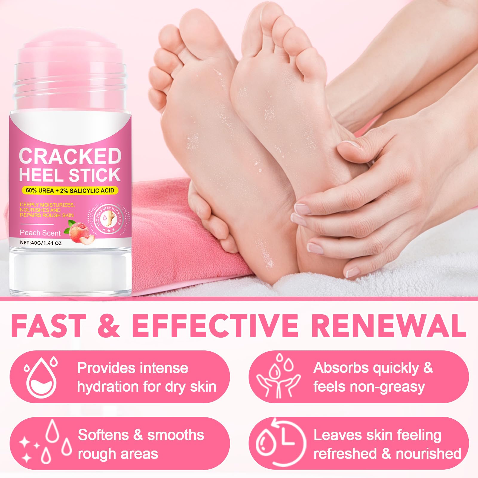 XIAMOFUZHOU 60% Urea plus 2% Salicylic Acid Foot Care Stick, Deep Hydration Soften & Smooth Thickened Areas, Intensive Moisturizer Repairs for Dry, Cracked Heels & Thickened Skin (1.41 Ounce, Peach)