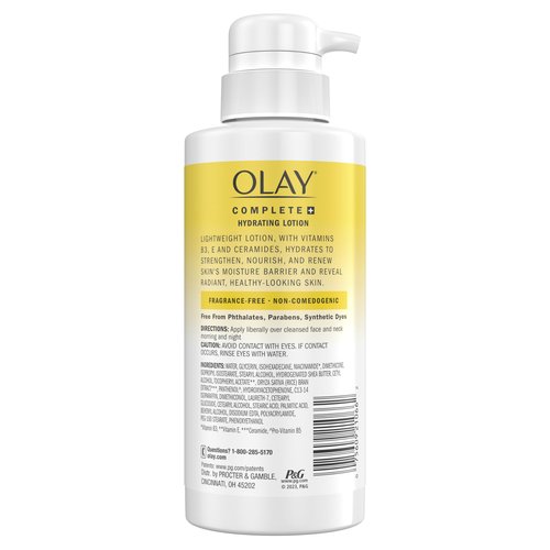 Olay Complete+ Hydrating Lotion Fragrance-Free, 10.1 FL OZ, 3-in-1 Nourishing Face Moisturizer for All Skin Types with Vitamin B3, Vitamin E, and Ceramides
