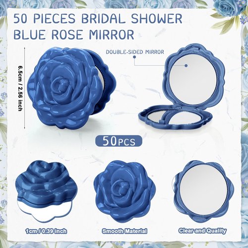 FoldTier 50 Sets Bridal Shower Party Favors for Guests Small Rose Compact Mirror Bulk Wedding Favors Thank You Cards and Organza Bags Wedding Party Guests Souvenir Gift (Blue)