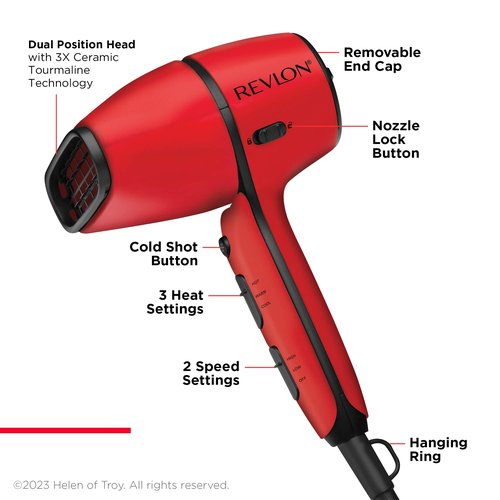REVLON Airflow Control Hair Dryer with Diffuser - 1875W Blow Dryer Head Rotates 90° for Total Control, Wider Head for Less Drying Time, Reduces Frizz (Red)