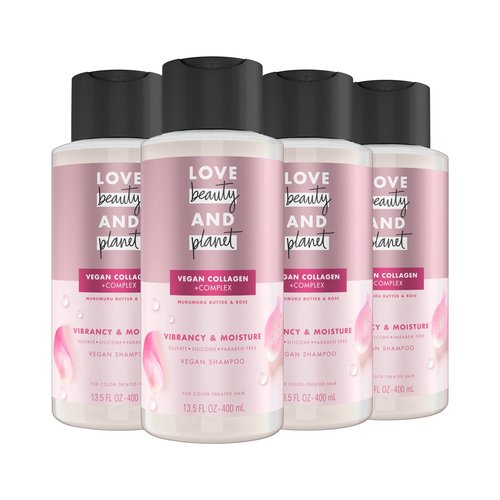 Love Beauty and Planet Vegan Collagen Moisture Shampoo Murumuru Butter & Rose Pack of 4 for Color-Treated Hair Vibrancy, 13.5 oz