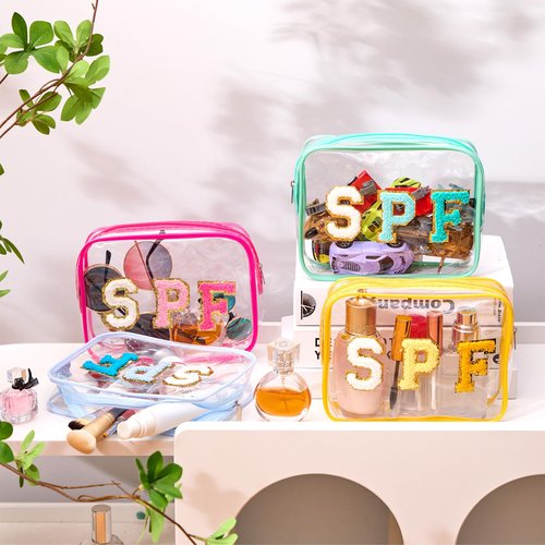 Kacctyen 12 Pcs Spf Clear Makeup Bags Bulk Waterproof Sunscreen Pouch Beach Pool Bag Chenille Letter Patch PVC Preppy Travel Toiletry Cosmetic Zipper Organizer for Women Girls Summer Vacation Gifts