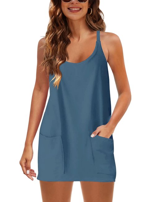 Lianlive Women Athletic Mini Tennis Dress Built-in Shorts Set Summer Sleeveless Sundress Hot Shot Mini Dress (Navy-M)
