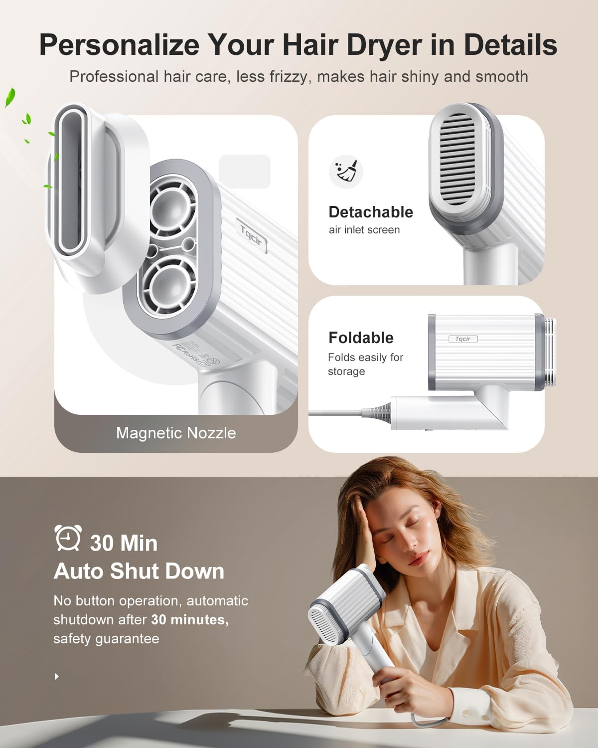 Tqcir Hair Dryer - 220,000 RPM High-Speed Blow Dryer with 500 Million Ionic Technology | Low-Noise, 4 Temps & 4 Speeds