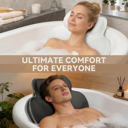 Bathland Bath Pillows for Tub - Luxury Bathtub Pillow Neck, Head, Back Support, Soft 5D Mesh Fabric and Non-Slip Suction Cups & Quick Dry, Comfort Fits All Tubs, Relaxation Spa Gift, Grey