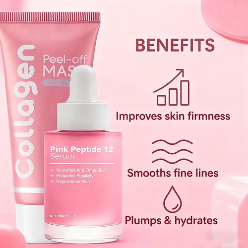 Collagen Overnight Peel Off Mask & Peptide Serum Set with Niacinamide, PDRN - Boosts Elasticity, Fades Dullness & Sagging, Korean Skin Care for Glowing Complexion, All Skin Types, Includes Brush