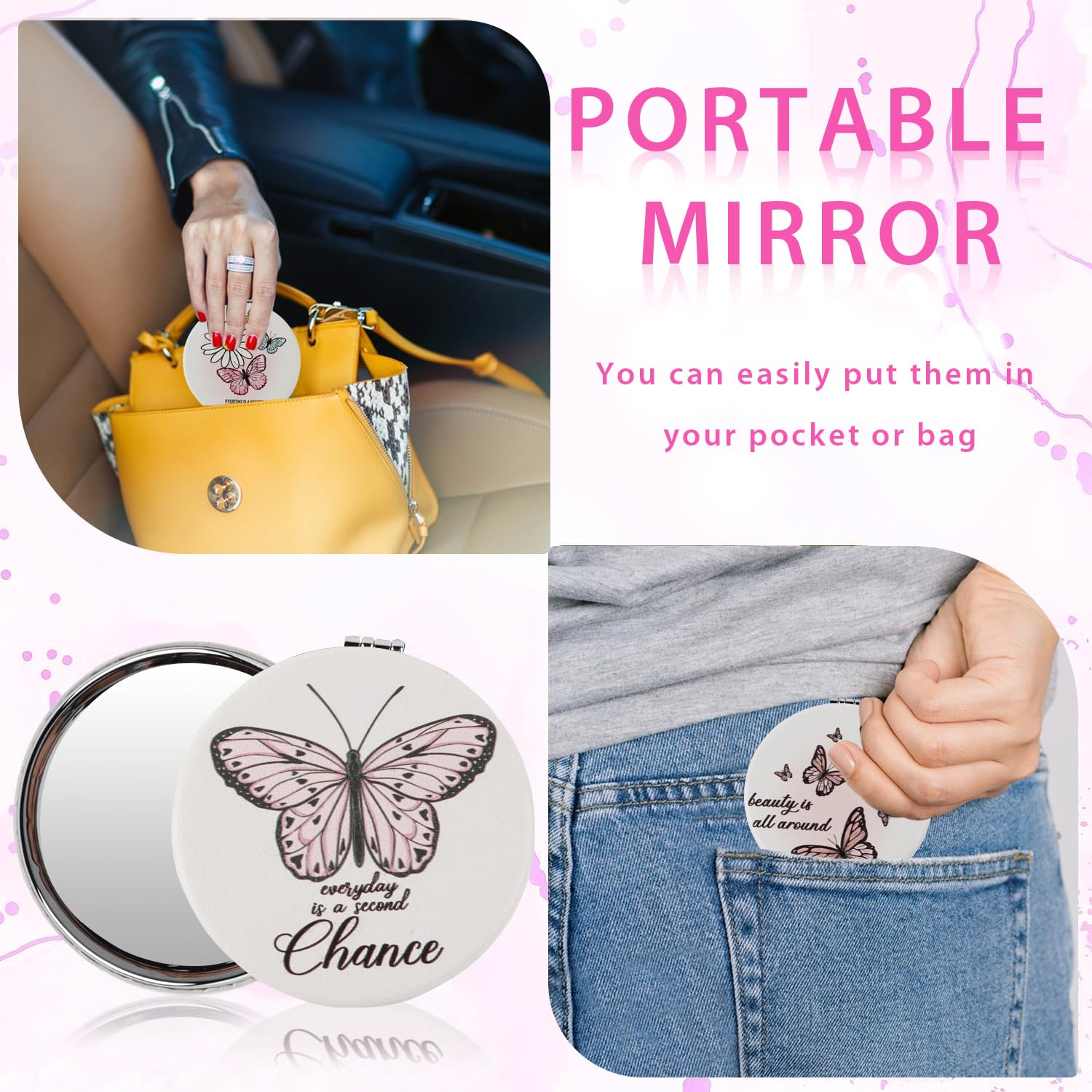 wxfdac 24Pcs Butterfly Compact Mirrors Bulk Wedding Party Favors for Guests, Inspirational Cute Portable Folding Makeup Mirrors Set, Return Gifts for Bachelorette Wedding Bridal Party Souvenir Gift