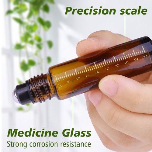Matifaner 8 Pack Essential Oil Roller Bottles with Scale, 1/3 oz Amber Glass Roller Balls for Essential Oils, 10ml Empty Rollerball Bottles for Travel Refillable Roll on Perfume (Amber)