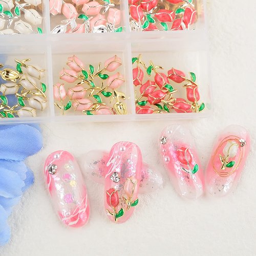 BAIYIYI 60Pcs Flower Shaped Nail Charms 3D Rose Nail Rhinestones Glitter Nail Gem 6 Colors Nail Art Charms for Valentine's Day DIY Nail Art Craft Decoration