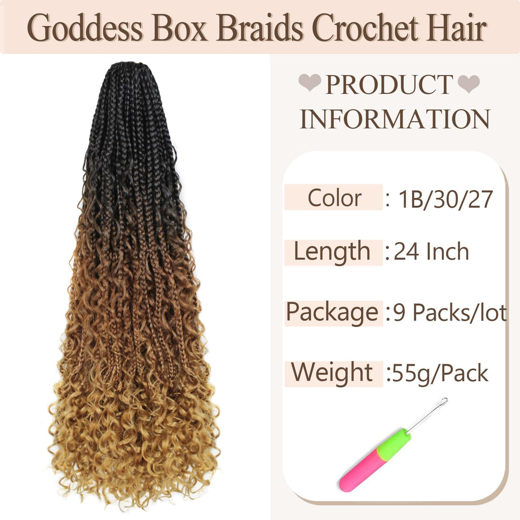 Vustbeauty 9 Packs Boho Box Braids Crochet Hair 24 Inch Goddess Box Braids Crochet Hair With Curly Ends Synthetic Bohemian Braids Hair Extension For Women (24inch, 1b/30/27)