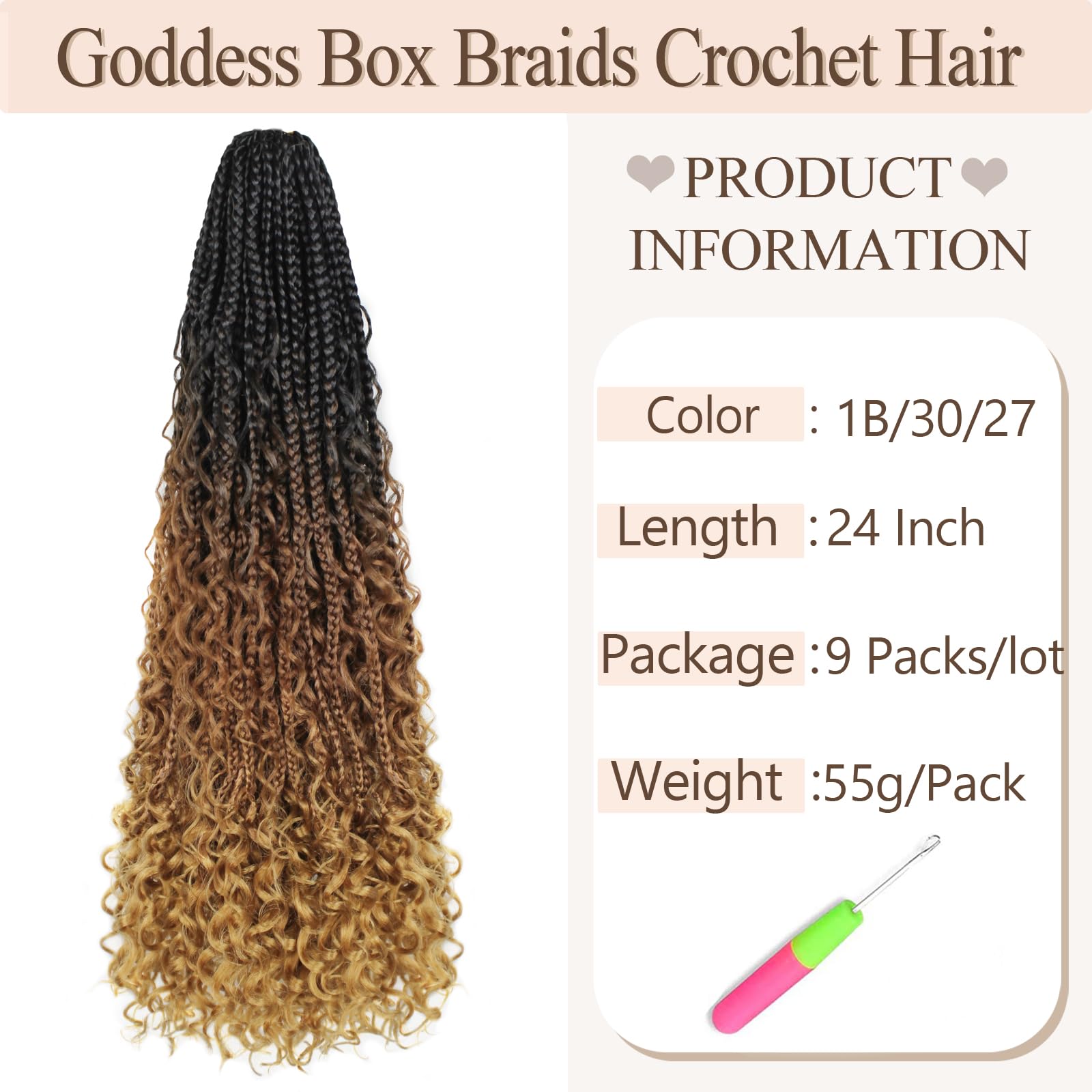 Vustbeauty 9 Packs Boho Box Braids Crochet Hair 24 Inch Goddess Box Braids Crochet Hair With Curly Ends Synthetic Bohemian Braids Hair Extension For Women (24inch, 1b/30/27)