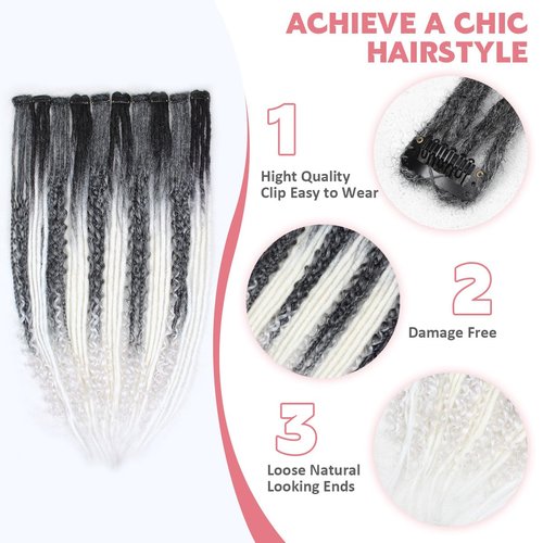 24 Inch Clip in Dreadlock Hair Extensions 10Clips 40 Strands Mixed Synthetic Dreads Extensions for Women,Handmade Soft Straight Boho Wavy Dreads,Gray/White