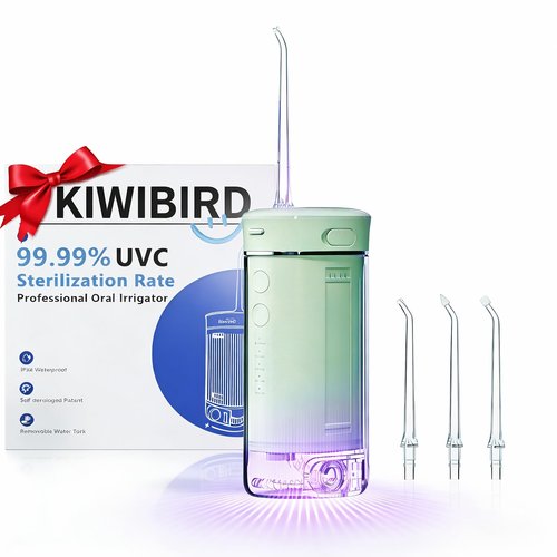 KIWIBIRD Mini Water Flosser for Travel, Ultra-Portable Cordless Oral Irrigator with UVC Light, IPX8 Waterproof 3 Modes, 230mL Teeth Cleaner for Tonsil Stones & Braces Care - Home & Travel (Green)