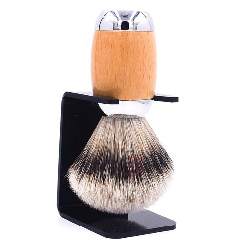 Taconic Shave's Extra Dense 100% 3-Band Silvertip Badger Luxury Shaving Brush –Deluxe Beechwood and Chrome Handle - Shaving Stand Included