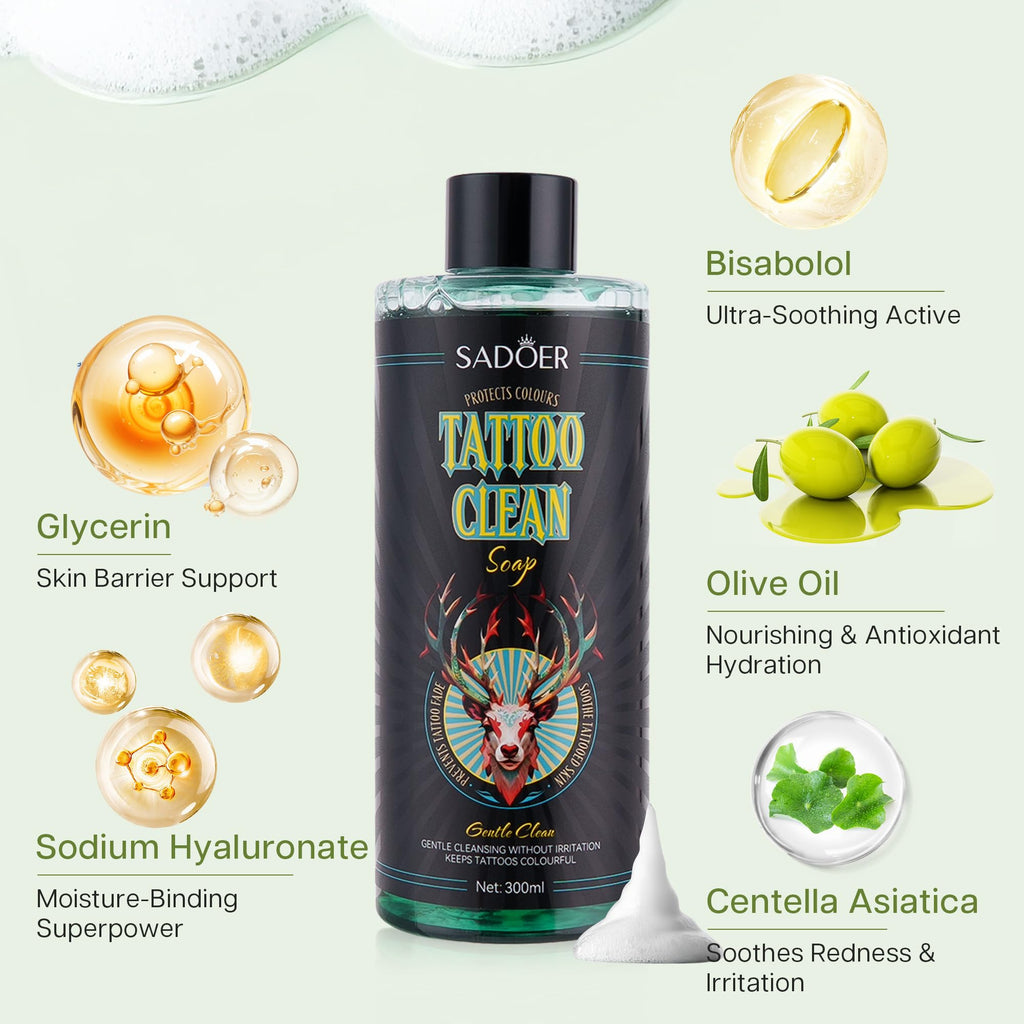 VRAIKO SADOER Ultra-Concentrated Tattoo Green Soap 10oz with Foaming Bottle 120ml, 1:10 Dilution Tattoo Soap Supplies for Tattoos Piercings, Clean Skin Equipment