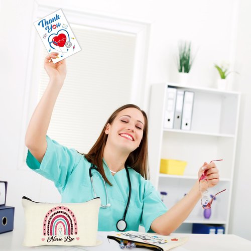 Nurse Bags, 32 PCS Nurse Makeup Bag Thank You Nurse Card, Nursing Day Appreciation Cards Nurse Week Carvas Cosmetic Bag Survival Kit with Zipper Funny Thank You Cards Nurse Supplies