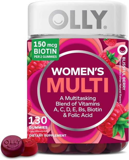 OLLY Daily Multivitamin Gummies - Chewable Vitamins A, D, C, E & Biotin, Berry Flavor | 130 Count (65 Day Supply)