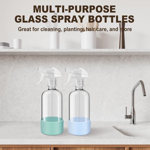 Glass Spray Bottles with Silicone Sleeves (2 Pack, 16 oz), Mist and Stream Empty Refillable Containers, Water Sprayer Misting Bottle for Cleaning Solutions, Planting, Hair Spraying, Green & Grey