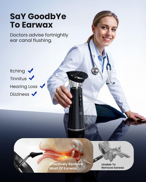 Electric Ear Wax Removal Kit - Ear Irrigation Cleaner with Dual Separate Clean & Waste Water Tanks, IPX6 Waterproof, Water Temperature Detection, Ergonomic Upright Rinse Design, 4 Replacement Nozzles