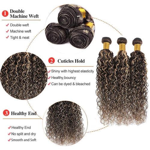 Dokksiiia 10 12 14 Inch Highlight Kinky Curly Bundles P4/613 Ombre Brown Curly Wave Human Hair Bundles Chocolate Brown and Light Blonde Piano Color Mix Brazilian Human Hair Extensions Natural Look