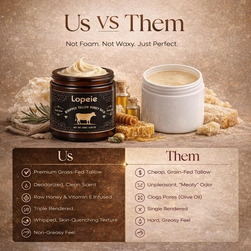 Lopeie Upgraded Organic Beef Tallow for Skin & Face – Whipped Grass-Fed Tallow and Honey Balm for Dry, Sensitive Skin, Natural Hydrating Face Moisturizer with Raw Honey (Unscented)