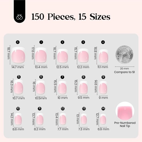 Beetles French Tips Press On Nails: 150 Pcs Pink Short Square Press On Nails Fake Nail Tips, Soft Gel Nail False Nails Art DIY Gifts For Women