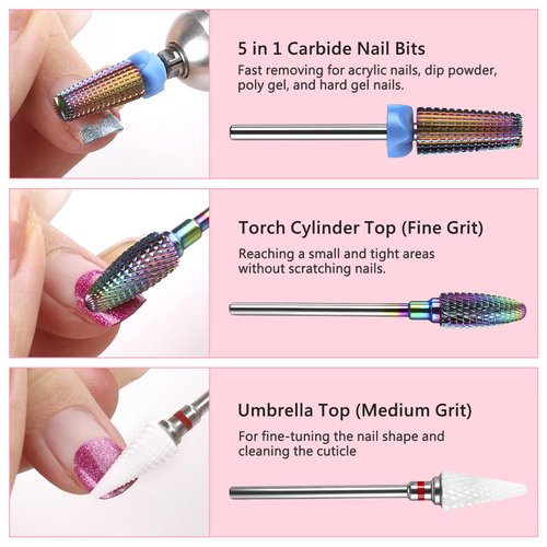 BQAN Nail Drill Bits Set, 7pcs Tungsten Carbide Diamond Drill Bits for Nail Tech, Remove Acrylic Gel Polish Cuticle, Manicure Pedicure Tools