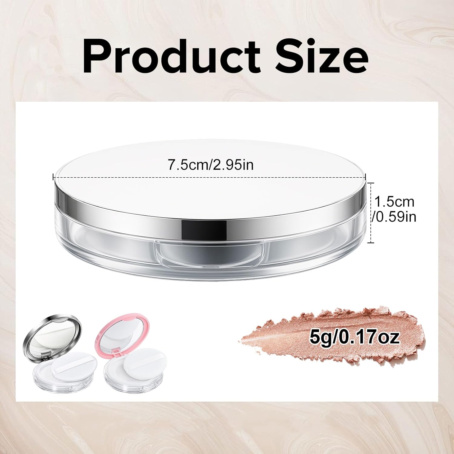 Tokusatsu Refillable Loose Powder Container - 2-Pack Travel Makeup Compact with Puff & Mirror | 0.17 oz (Pink, Silver)