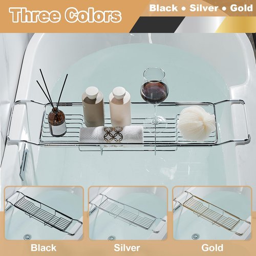 GIYDNEI Stainless Steel Bathtub Caddy Tray, Expandable Bath Tub Table, Adjustable Bathroom Tray, Bath Organizer Tub Shelf,Silver,26.8~35.4in