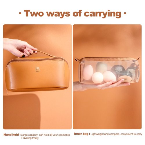 BS-MALL Travel Makeup Bag – Portable Large Capacity Toiletry Bag Perfect for Organizing Travel Size Toiletries, Flat Opening for Easy Access with 1 Makeup Brush & Zipper Bag