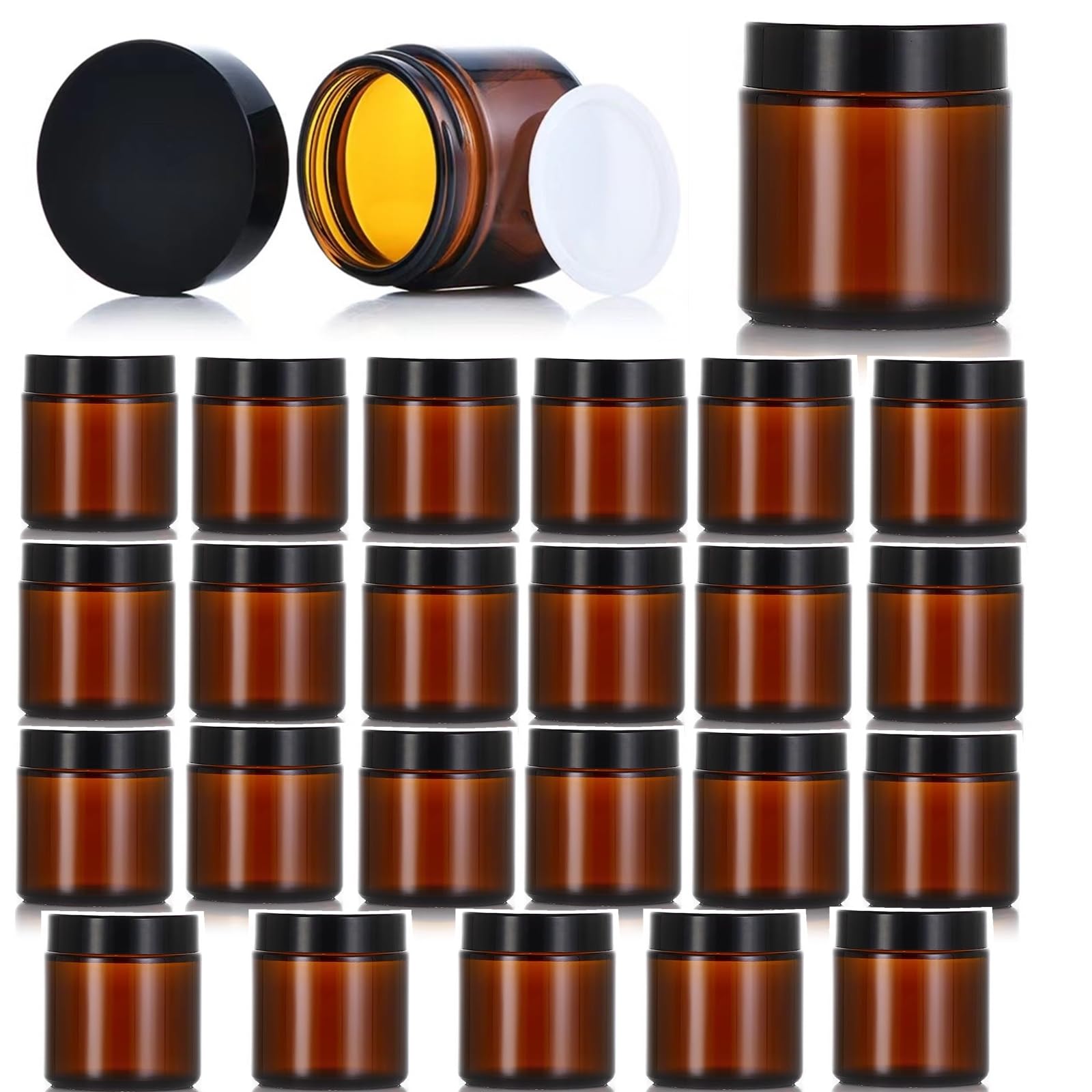 Zentriqlla 24 Pack 4oz Amber Glass Jars with Black Lids, Round Empty Cosmetic Jars with Inner Liners, Reusable Glass Travel Containers for Homemade Creams, Candle, Skincare, Lotion