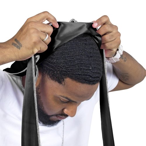 ForceWave Silky Durag for Men Wave Cap Satin Dorag for Men Women 360 Wave (Black with White Seam)