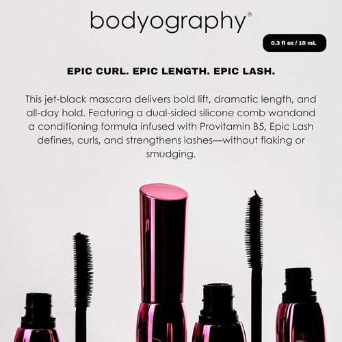 Bodyography Jet-Black Lengthening & Curling Mascara - Dual-Sided Comb Wand for Volume & Lift | Smudge-Free, Buildable Formula