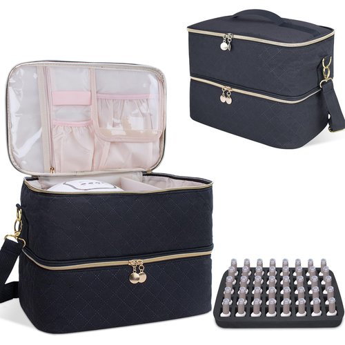 ALSLEA Nail Polish Organizer With Adjustable Shoulder Strap Gel Nail Polish Holder, Nail Organizers and Storage for UV Led Nail Lamp, Nail Supplies Bag, Holds 40 Bottles (15ml - 0.5 fl.oz) (Black)