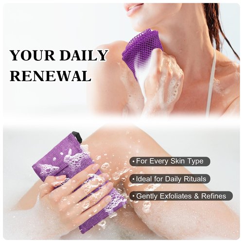 African Net Sponge with 2 Soap Saver Bags - Exfoliating Body Scrubber Set for Shower, Reusable Bar Soap Pouch & Bath Washcloth for Deep Cleaning - Purple & Black, Purple