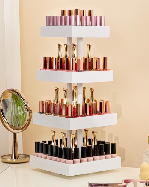 Homde Nail Polish Display Stand and Storage: 360 Degree Rotating Bamboo Rack Organizer, 4 Tier Makeup Holder for Fast Access on Countertop or Vanity for Girls & Women,White