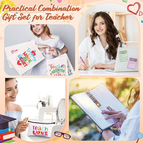 Resholder 25 Pcs Teachers Appreciation Gift for Women Teacher Kraft Paper Bags Makeup Bags Sticky Notes Ballpoint Pens and Bookmarks Graduation Gifts for Tutor Appreciation Week Gift Sets Bulk