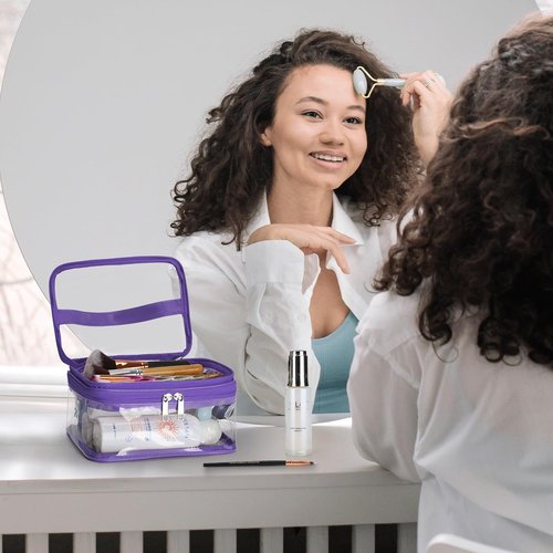 HAOGUAGUA Double Layer Clear Cosmetic Bag Makeup Bag, Waterproof Travel Toiletry Bag, Transparent PVC Pouch Organizer (Purple)