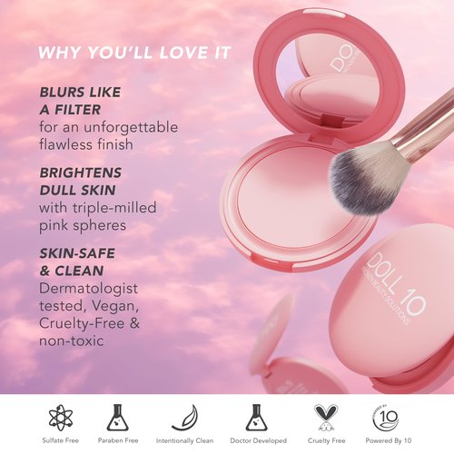 Doll 10 - Pink Power Pressed Setting Powder – Blurring Powder for Face – Brightening Powder – Compact Press Powder Makeup for Women – Vegan, Clean Beauty, Talc Free - Blurs Pores - 4 Month Supply