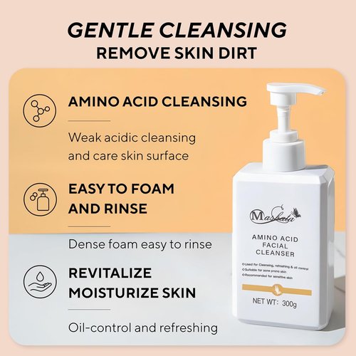 Mashata Amino Acid Facial Cleanser - 10.14oz Gentle Foaming Wash for Oily & Acne-Prone Skin | Hydrating Vegan Formula
