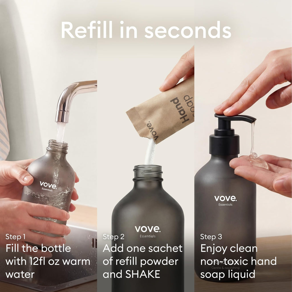 Vove Hand Soap Starter Set with Refillable Light Glass Pump Bottle & 3 Refills, Mandarin Geranium & Cedarwood, Powder-to-Gel with Aloe Vera & Cactus Extract, Plant-Based Formula, Plastic-Free