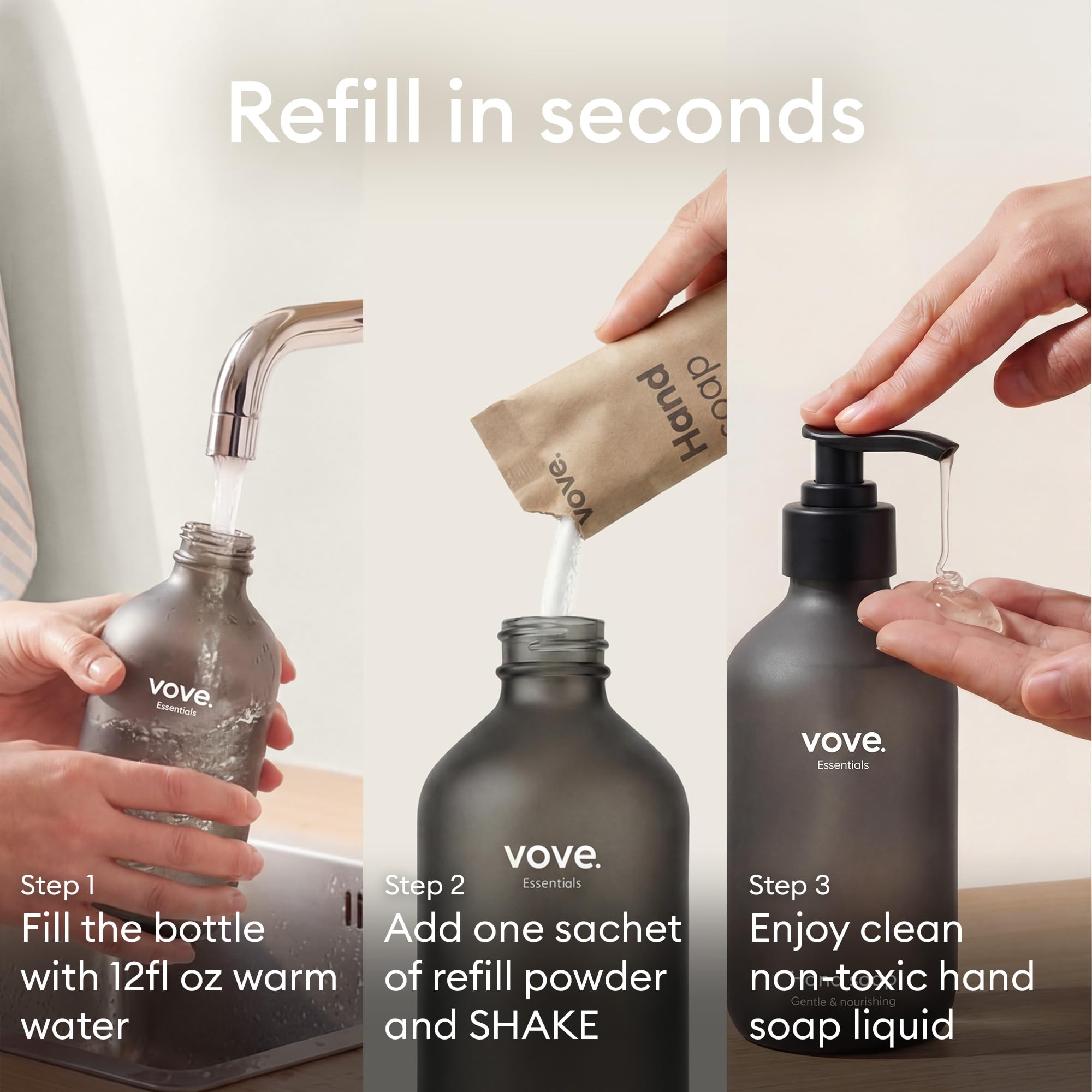 Vove Hand Soap Starter Set with Refillable Light Glass Pump Bottle & 3 Refills, Mandarin Geranium & Cedarwood, Powder-to-Gel with Aloe Vera & Cactus Extract, Plant-Based Formula, Plastic-Free