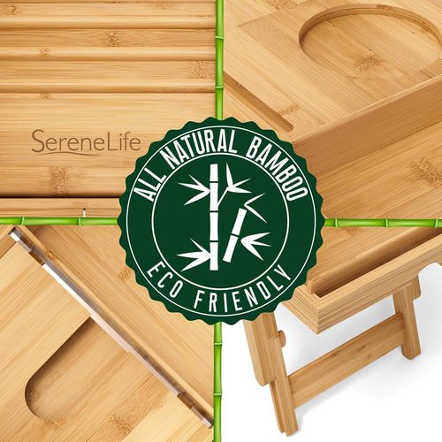SereneLife Bath Caddy Breakfast Tray Combo with Gift Box-Natural Bamboo Wood Waterproof Bath Tub Caddy and Bed Tray with Folding Slide-Out Arms,Device Grooves,Wine Glass and Soap Holder