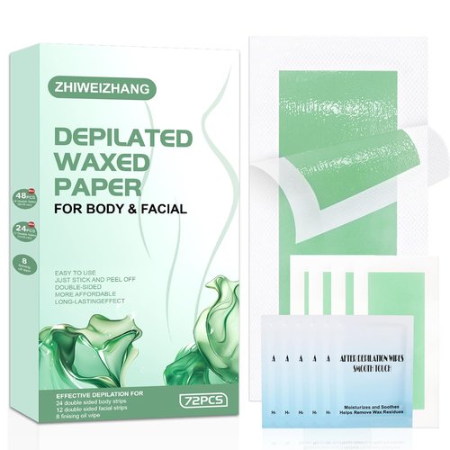 72PCS Wax Strips for Hair Removal for Women & Men: 48 Body &24 Face Waxing Strips + 8 Oil Wipes | At-Home Waxing Kit for Body, Bikini, Brazilian, Chest, Arms, Legs & Back | Hypoallergenic with Aloe