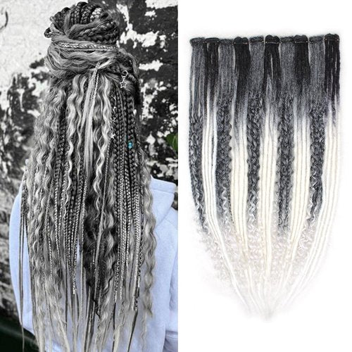 24 Inch Clip in Dreadlock Hair Extensions 10Clips 40 Strands Mixed Synthetic Dreads Extensions for Women,Handmade Soft Straight Boho Wavy Dreads,Gray/White
