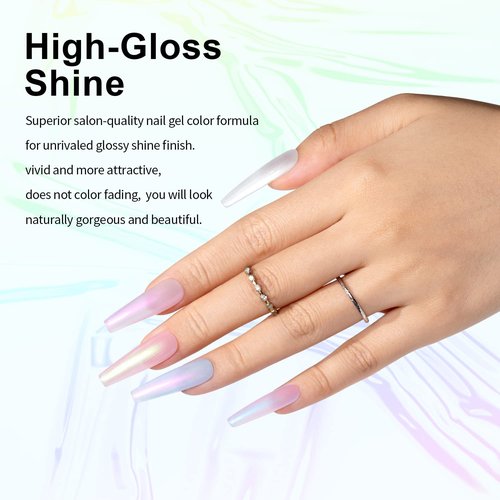 RARJSM Pearl Gel Nail Polish Set Clear Shell Glitter Gel Polish 6 Colors Pearlescent Pink White Blue Purple Silver Gold Shimmer Mermaid Swirl Thread Effect Soak Off Curing Requires Home Salon