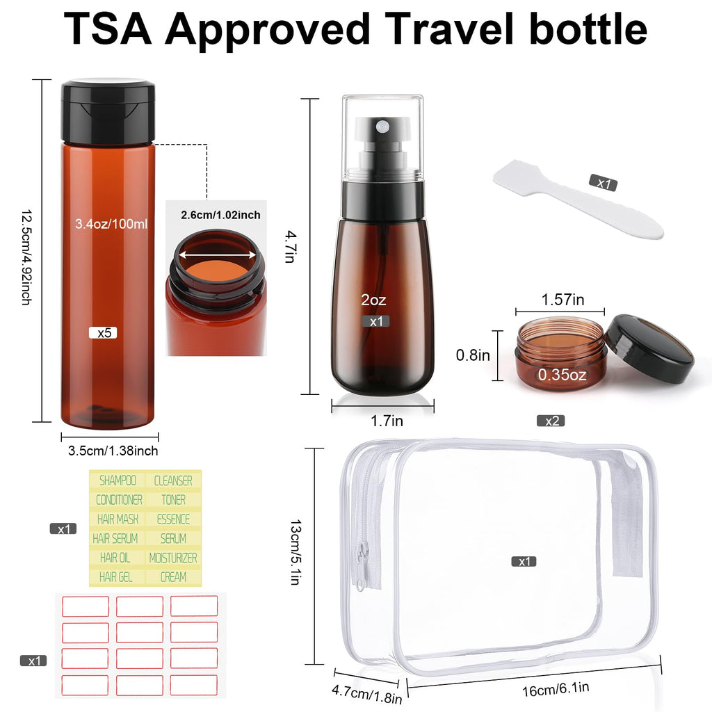 Wowang 9 PCS 3.4oz Travel Bottles for Toiletries TSA Approved Travel Size Containers Leak Proof Plastic Squeeze Bottle Small Cream Jars & Refillable Spray Bottle for Shampoo Conditioner Toner(Brown)