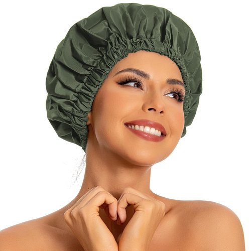 Skiennix Reusable Shower Cap - Large Waterproof Hair Bonnet with Elastic Band for Long Hair | Green