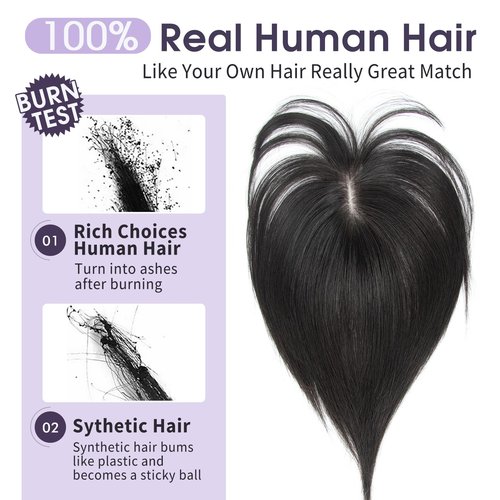 EonLuxe 10 Inch Real Human Hair Topper with Bangs for Women Covers Thinning Crown, Clip-In Hair Topper for Thinning Hair (Natural Black)