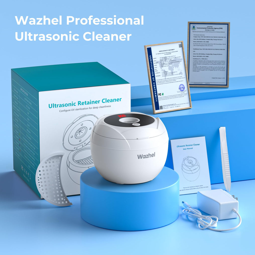 Wazhel Ultrasonic Retainer Cleaner Machine, 45kHz Dental Cleaning Pod for Denture, Mouth Guard, Night Guard, Aligner, Braces, Toothbrush, 200ML Denture Cleaner with Digital Timer & 4 Modes, White